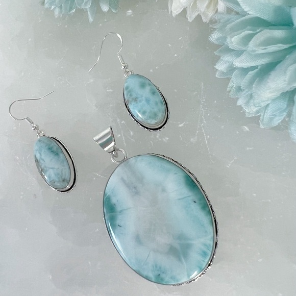 Jewelry Set Extra Chunky Larimar Pendant Necklace and Larimar Earrings New - Picture 3 of 9